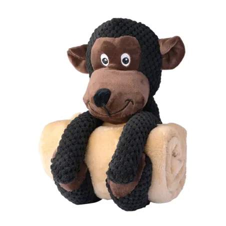 Peluche singe 2-en-1 pour chien avec plaid intégré - Jouet doux et amusant