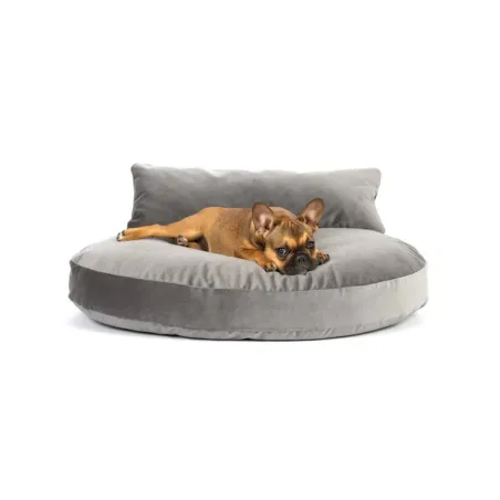 Chien sur lit design Laboni Luna Lounge velours gris - Vue de face