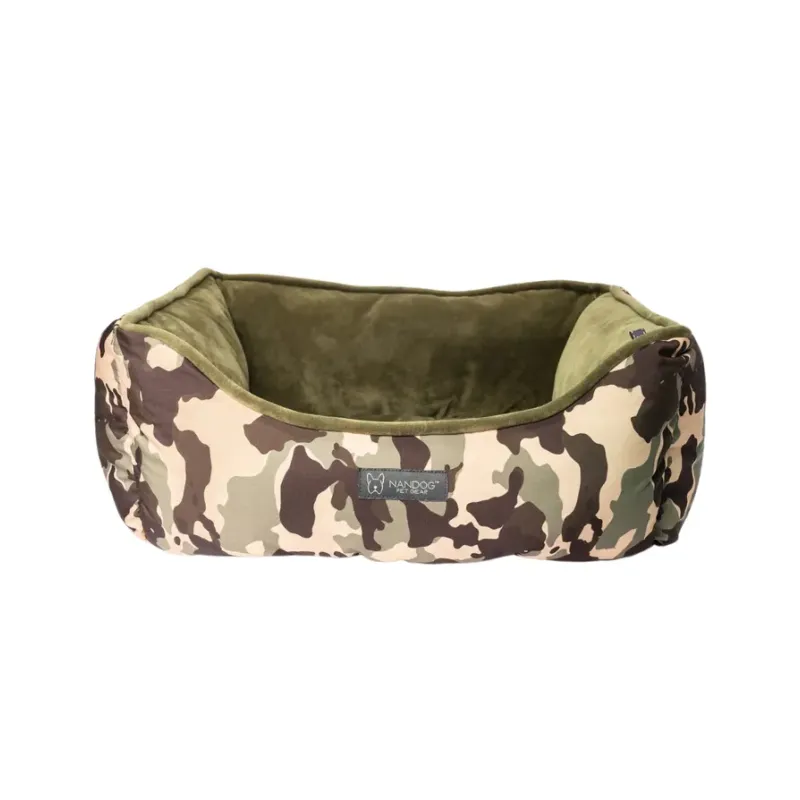 Panier pour chien camouflage & Velours kaki réversible Panier pour chien camouflage & Velours kaki réversible