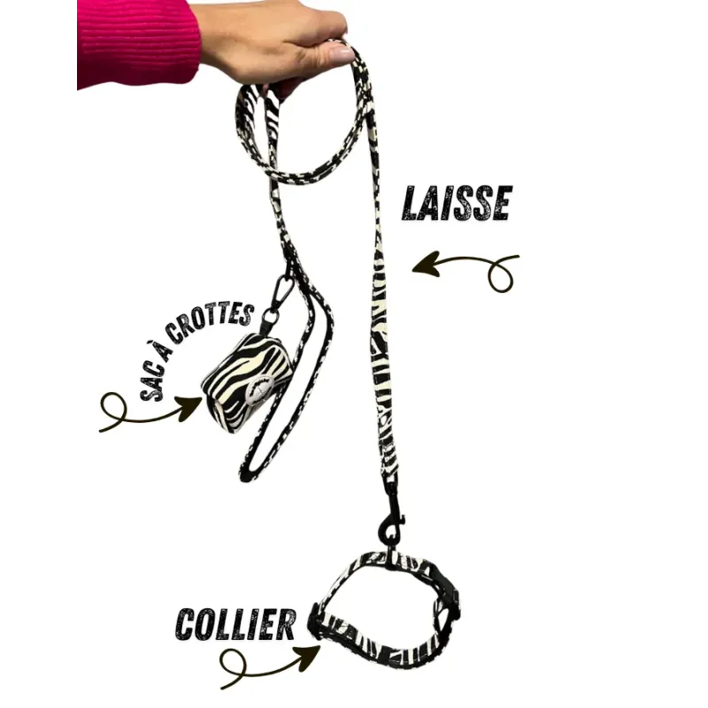 Ensemble Zèbre pour Chien - Collier, Laisse, Sac à Crottes Assortis - Élégance & Style Ensemble Zèbre pour Chien - Collier, Laisse, Sac à Crottes Assortis - Élégance & Style