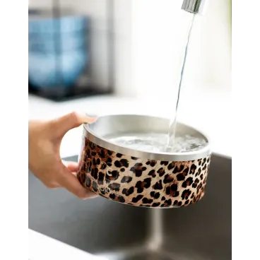 Gamelle inox chic léopard – chien en train de boire – Bella Concept Store Dog