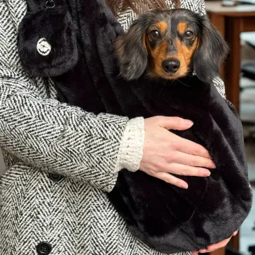 Détail du tissu peluche dense et douce du sac de transport pour chien