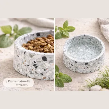 Gamelle design pour chien en pierre naturelle Terrazzo dans un intérieur moderne.