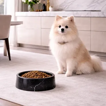 Gamelle en marbre noir pour eau et nourriture pour chien. Design luxueux