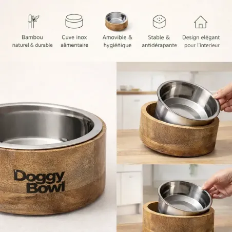 Gamelle en bambou & Inox amovible pour Chien - Doggy bowl