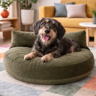 Couchage haut de gamme pour chien Luna Lounge OXFORD olive intégré dans un intérieur design