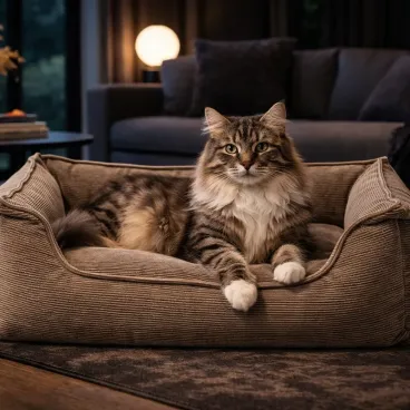 Panier pour chien en velours côtelé beige mis en scène dans un intérieur ultra-moderne