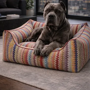 Vue de face du panier pour chien ZigZac avec rebords confortables et coussin intérieur