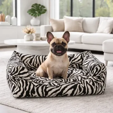 Panier pour chien zèbre Dog in the City dans une chambre design à l’ambiance sauvage et chaleureuse