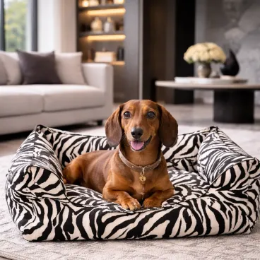 Détail du panier pour chien zèbre Dog in the City – tissu graphique et finitions élégantes