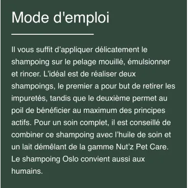 Mode d’emploi shampoing Nut’z Oslo – application douce sur pelage mouillé